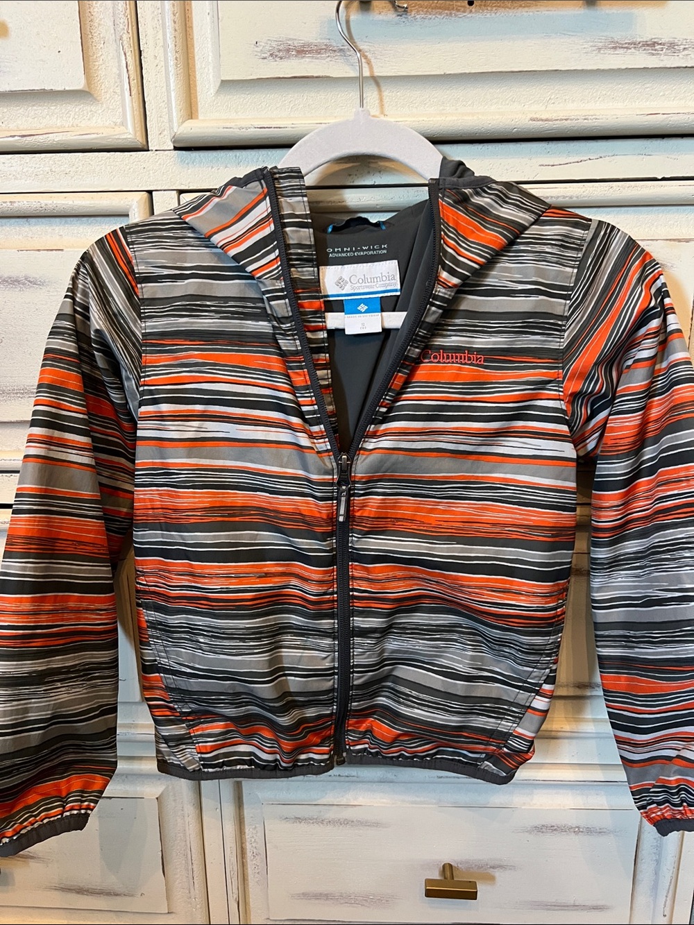 Columbia Kids Striped Hooded wind Jacket in Orange, Black & Gray, boy or girl .
